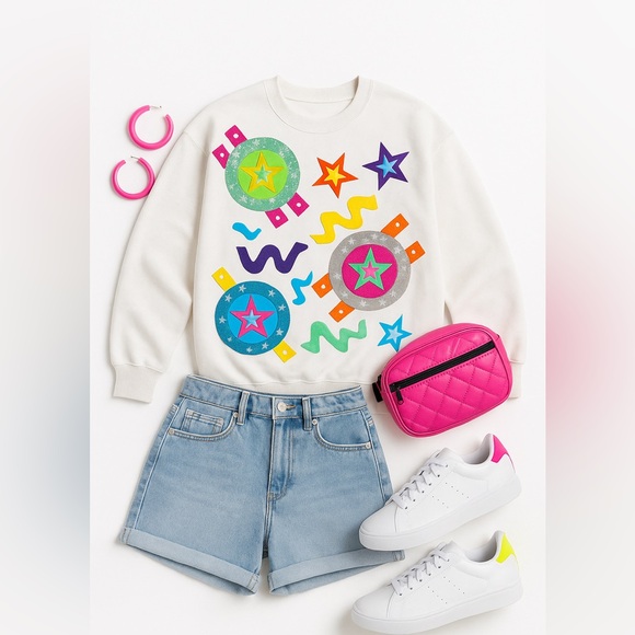 Fancy That Tops - Fancy That 1990s Vintage White Graphic Sweatshirt, colorful Accents – Size XL